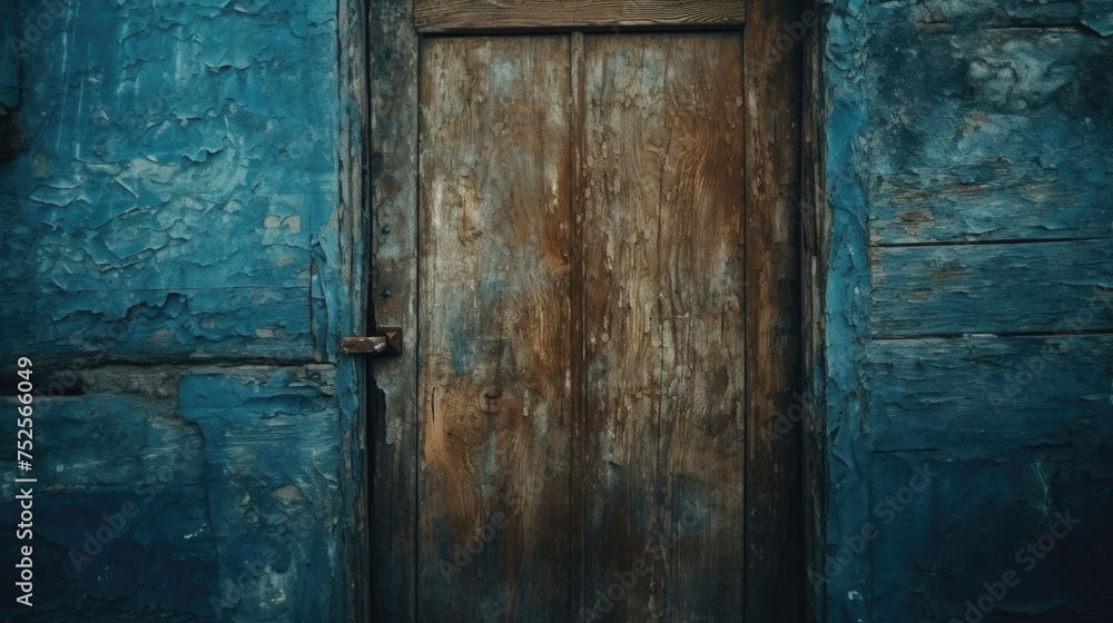 A weathered old wooden door with peeling paint. Suitable for rustic or vintage themed designs