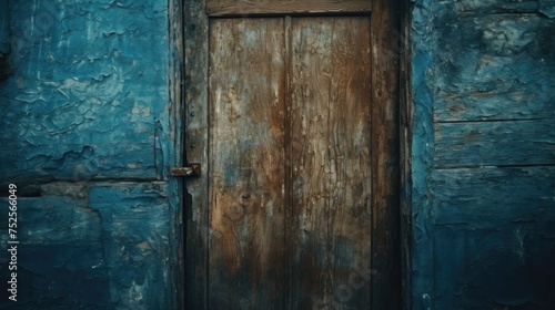 A weathered old wooden door with peeling paint. Suitable for rustic or vintage themed designs