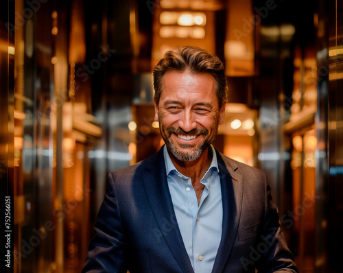 A smiling mature businessman in a stylish suit radiates confidence and approachability in a modern corporate setting.
