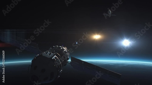 3D VFX graphics of space-based satellite attacking another satellite and launching nuclear warhead rocket in space in Earth orbit. Space threat of nuclear war. Deployment of nuclear weapons in cosmos. photo