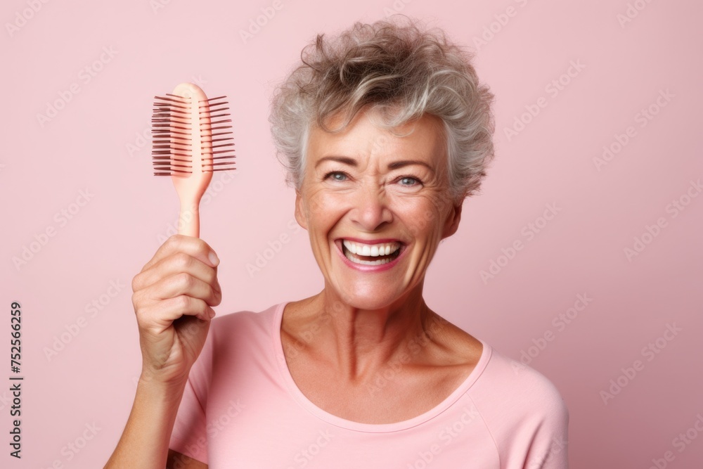 Woman holding a hair brush and smiling. Perfect for beauty and self-care concepts Woman holding a hair brush and smiling. Perfect for beauty and self-care concepts