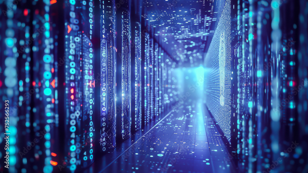 Futuristic data center server room with blue digital light and high-tech equipment for networking and computing. Futuristic data center server room with blue digital light and high-tech equipment for networking and computing.