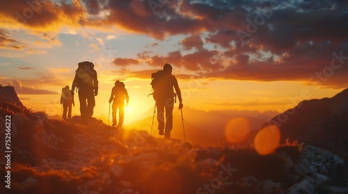 A breathtaking scene of a group of adventurous people embarking on a mountain hike during a summer sunset