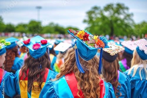 Female students in colorful graduation dresses and caps decorated with flowers stand at the graduation ceremony © Oleh