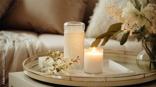 A simple arrangement of a candle and flowers on a tray. Suitable for home decor projects