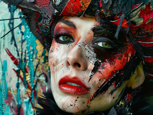 Woman With Black and Red Makeup and Feathers on Her Face (ID: 752566603)