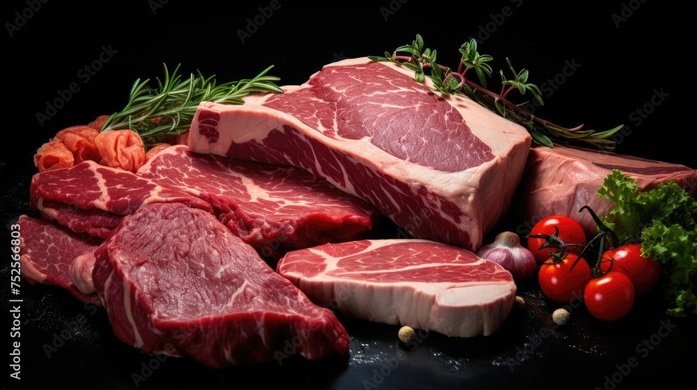 Fresh raw meat displayed on a table, suitable for food and cooking concepts Fresh raw meat displayed on a table, suitable for food and cooking concepts