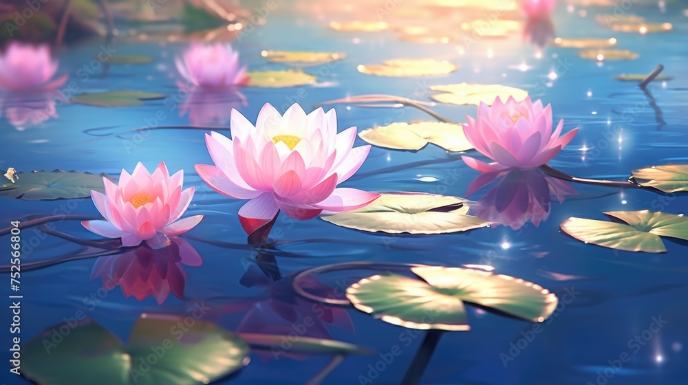Beautiful water lilies floating on a peaceful lake, ideal for nature backgrounds
