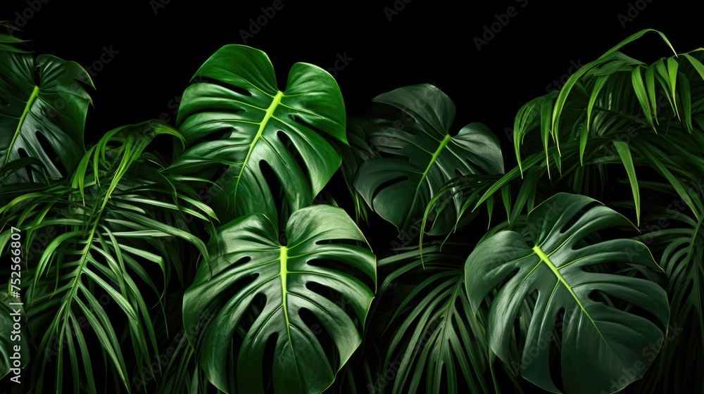 Vibrant green leaves on a dark black background. Perfect for nature or environmental concepts - obrazy, fototapety, plakaty 