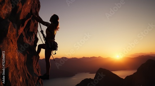 A woman climbing up the side of a mountain at sunset. Suitable for outdoor and adventure-themed designs