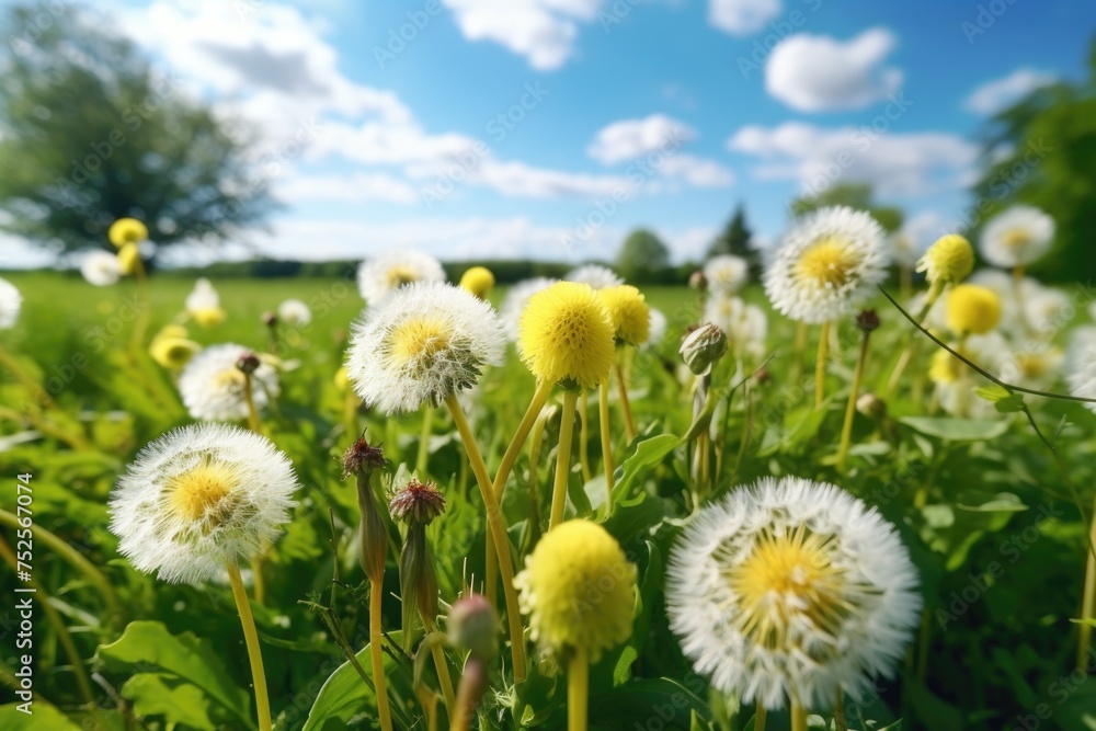 A field full of yellow and white dandelions, perfect for nature backgrounds A field full of yellow and white dandelions, perfect for nature backgrounds