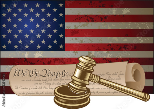 Gavel and American flag with Bill of Rights