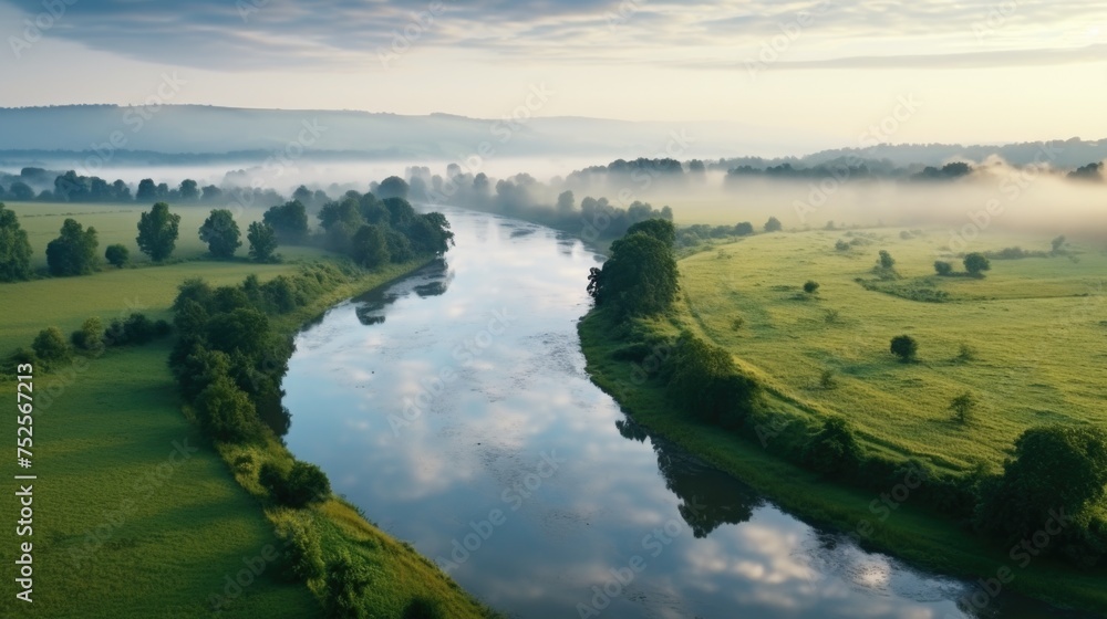 Serene river flowing through vibrant green landscape. Ideal for nature and outdoor concepts