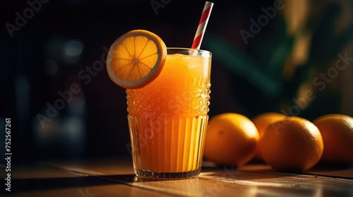 A glass of orange juice with a straw and a slice of lemon. Perfect for summer menus and healthy lifestyle concepts