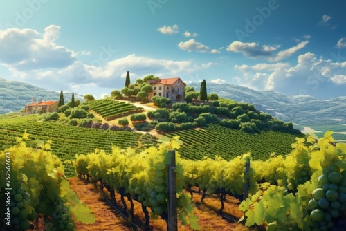 A scenic painting of a vineyard with a house on a hill. Suitable for wine industry promotions