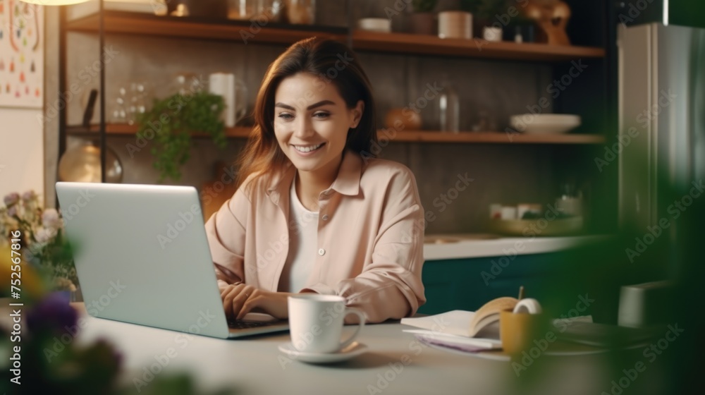 Woman sitting at a table with a laptop, suitable for business concepts Woman sitting at a table with a laptop, suitable for business concepts