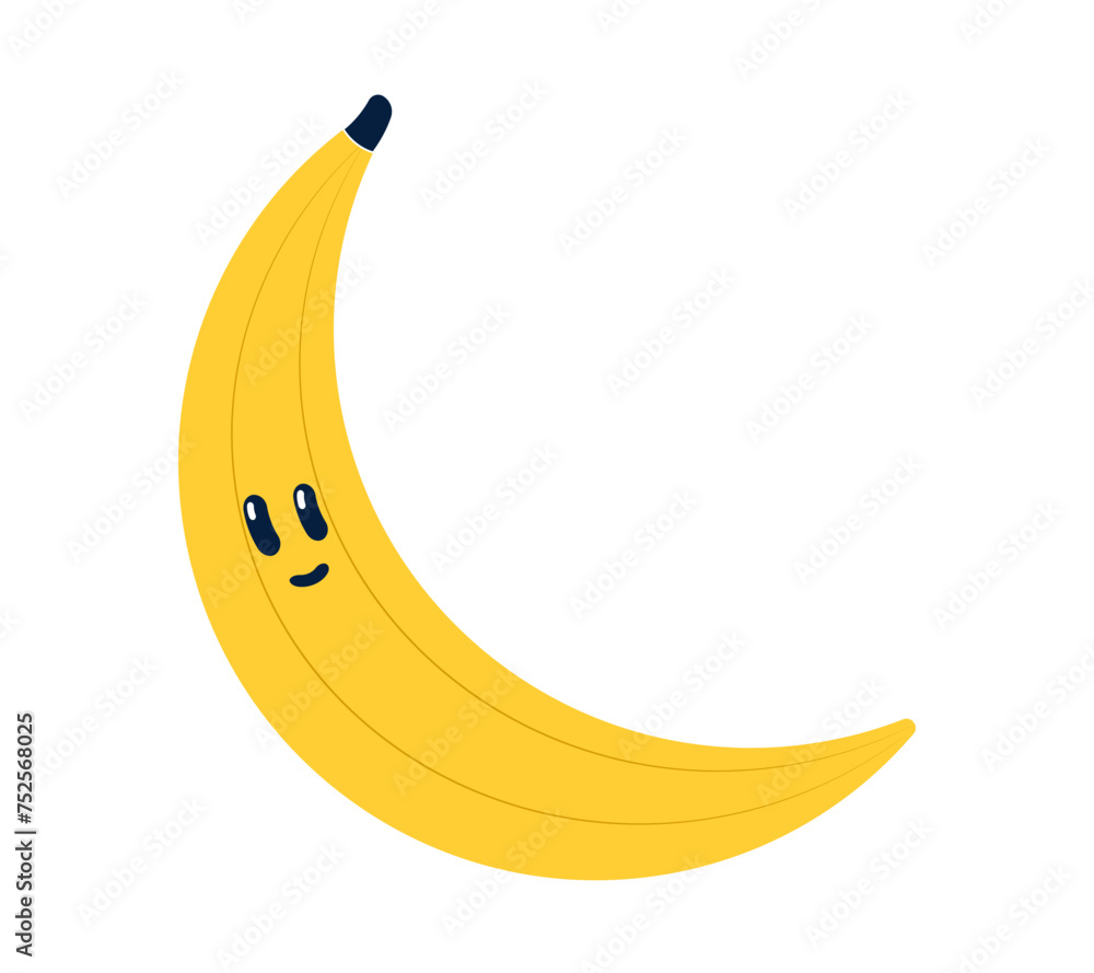 Doodle Banana Character for kids. Smiling yellow kawaii fruit with peel. Healthy vitamin food. Palm fruit. Children drawing. Isolated object. Colored Vector illustration