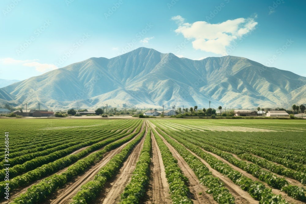 A scenic view of a field of crops with majestic mountains in the background. Suitable for agricultural and nature themes