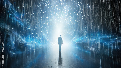 A man standing in the middle of a tunnel filled with bright lights, creating an immersive visual experience