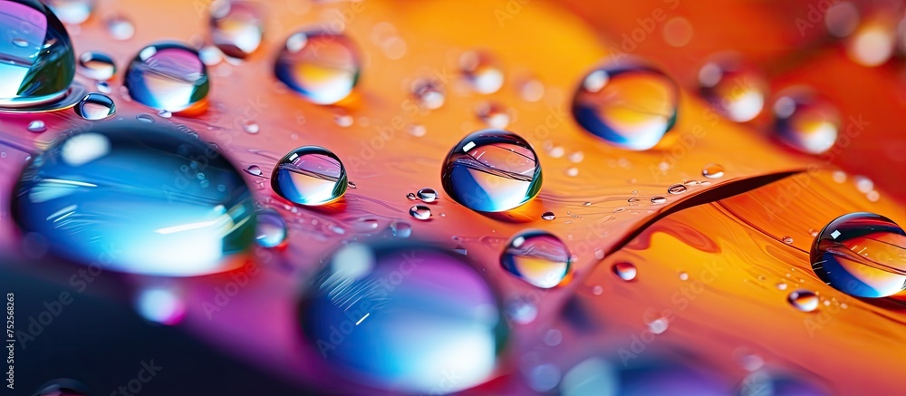 In this close-up shot, water droplets collide on a colorful surface, creating an abstract yet visually striking image with a mix of shapes and colors.