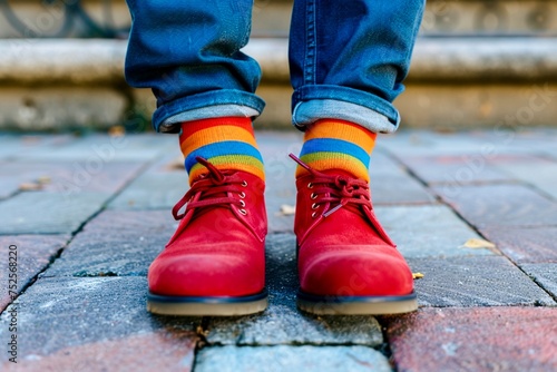 Cropped view men's feet in red shoes and colorful socks