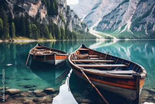 Two wooden boats floating on calm lake. Suitable for travel brochures