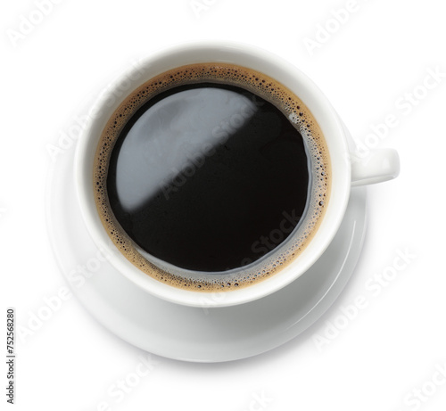 Aromatic coffee in cup isolated on white, top view