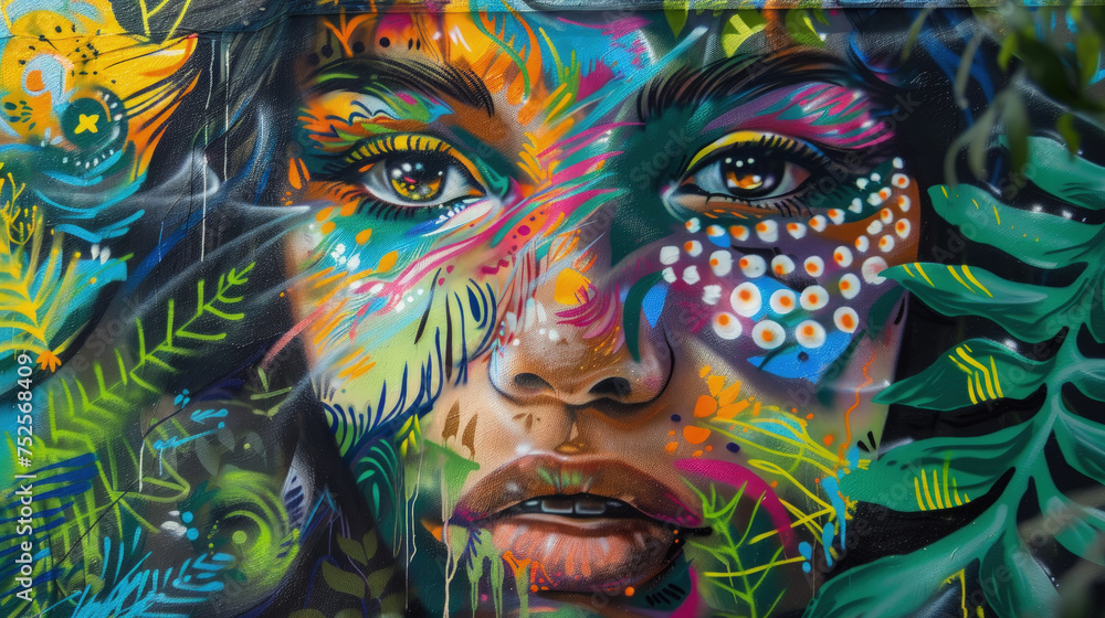 A colorful painting depicting a womans face with bold and bright hues, showcasing intricate details and expressive features