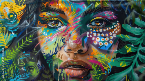 A colorful painting depicting a womans face with bold and bright hues, showcasing intricate details and expressive features © sommersby