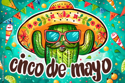 Cinco de Mayo design. Logo of a cartoon cactus wearing a mexican sombrero, with a fake moustache and sunglasses, festive cinco de mayo scene with maracas and papel picado around it. Generative AI photo