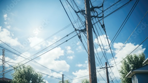 Telephone pole with power lines in a residential neighborhood. Suitable for utility or infrastructure concepts