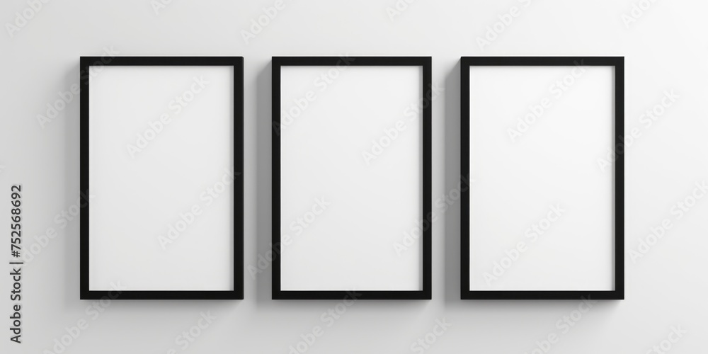 Three empty frames hanging on a wall, suitable for interior design projects