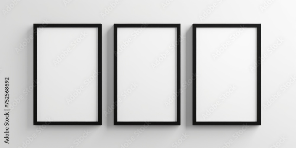 Three empty frames hanging on a wall, suitable for interior design projects Three empty frames hanging on a wall, suitable for interior design projects
