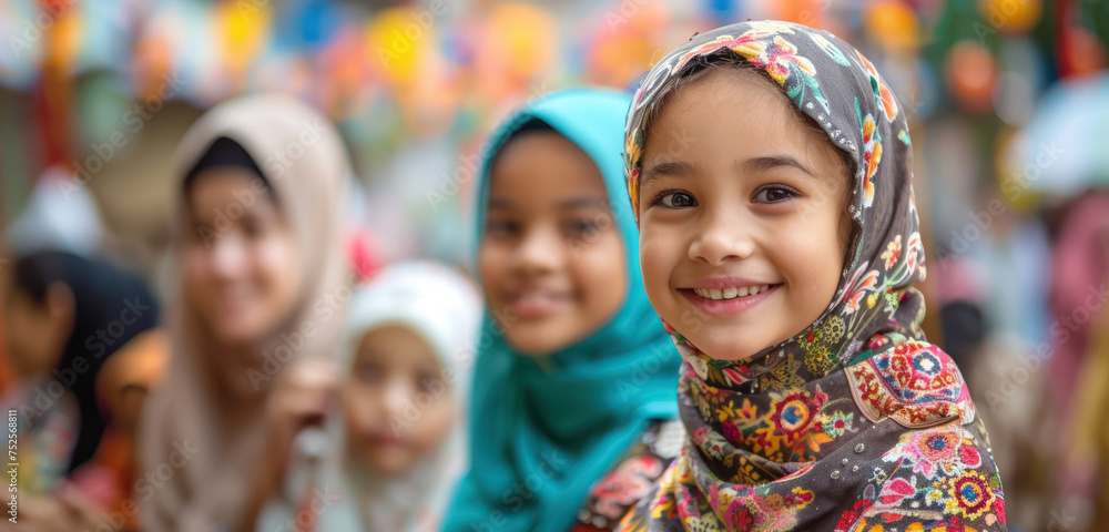 young girl with a beautiful smile wearing hidjab during a colorful muslim festive young girl with a beautiful smile wearing hidjab during a colorful muslim festive