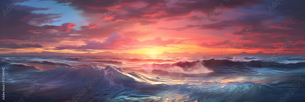 Mesmerising CG representation of majestic ocean view at sunset: A captivating display of infinite beauty