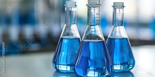Erlenmeyer flasks filled with a blue chemical solution in a scientific research laboratory, Generative AI