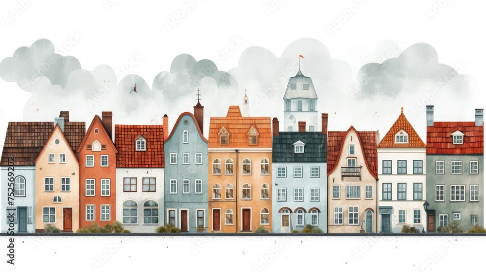 Row of houses with a clock tower on top. Suitable for real estate or travel concepts