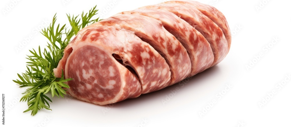 A piece of raw meat with a sprig of parsley on a white background. The meat appears fresh and uncooked, while the parsley adds a touch of color and freshness to the composition. A piece of raw meat with a sprig of parsley on a white background. The meat appears fresh and uncooked, while the parsley adds a touch of color and freshness to the composition.
