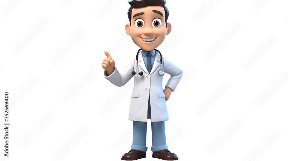 Cartoon character caucasian man doctor with stethoscope in doctor uniform, finger pointing up. Healthcare assistant advice, medicine science isolated on PNG transparent or white background.
