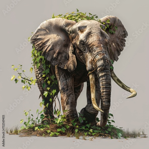 an elephant with tusks and vines