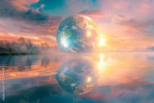A stunning globe of the Earth  floating above a tranquil body of water  with its reflection mirroring the beauty of a pristine environment on Earth Day.