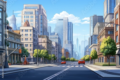 A city street scene with tall buildings and a vibrant red car, perfect for urban lifestyle concepts © Fotograf
