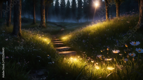 Step into a meadow aglow with the soft light of fireflies. The tiny insects create a magical dance of light as they float above the grass. The air is filled with the soothing sounds of nature  and the