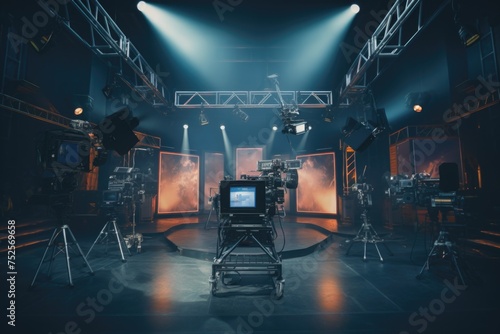 Television studio with a television set and lights. Suitable for media and entertainment industry