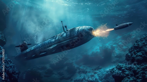 Submarine firing a torpedo underwater created with Generative AI © mg photo