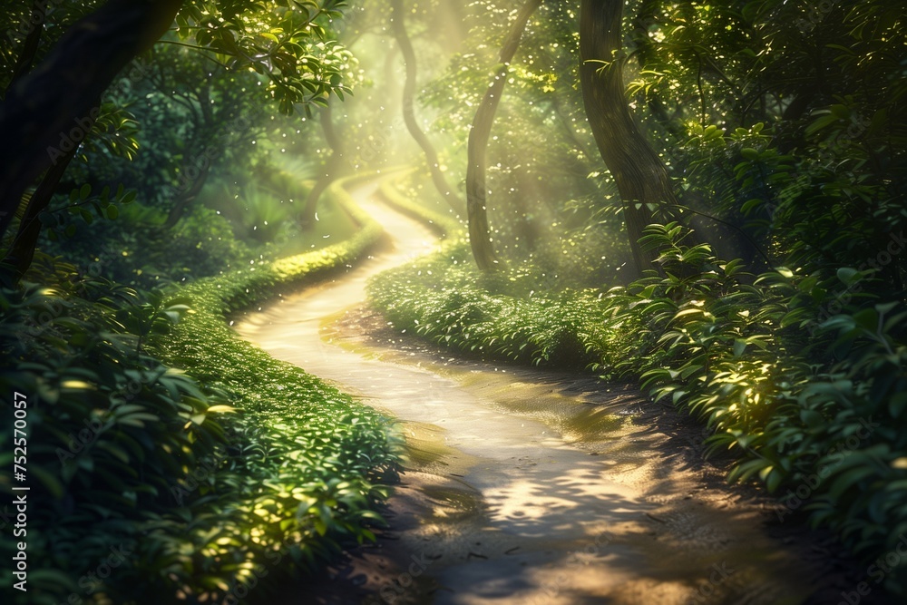 Obraz premium A symbolic, untouched path winding through a lush, vibrant forest, representing the safe passages created by mine clearance efforts on International Day for Mine Awareness