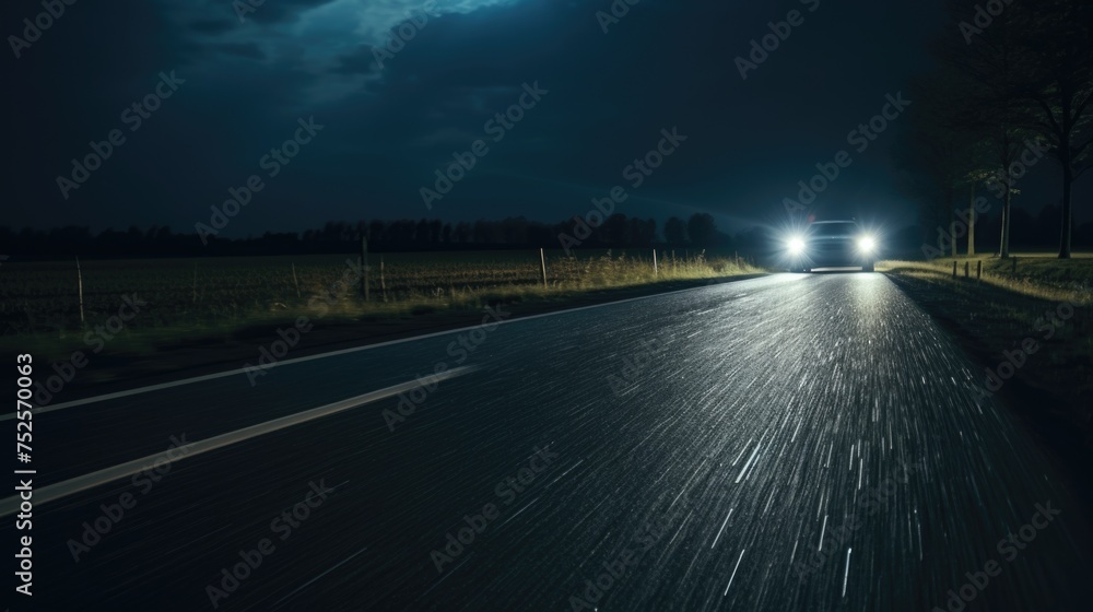 A car driving down a road at night. Suitable for transportation concepts