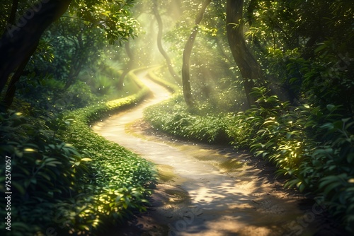 A symbolic  untouched path winding through a lush  vibrant forest  representing the safe passages created by mine clearance efforts on International Day for Mine Awareness