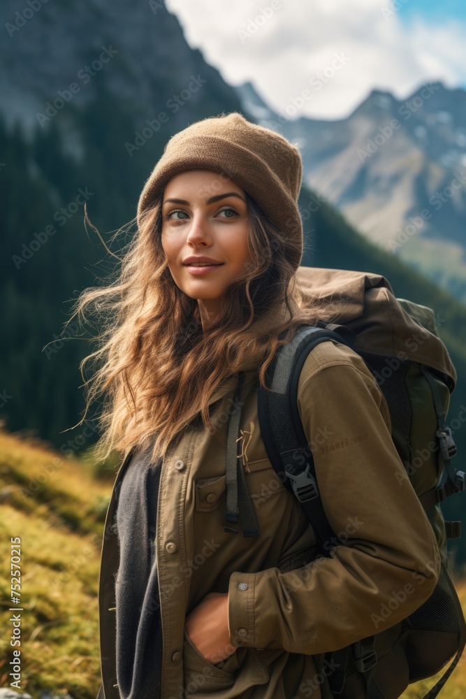 A woman with a backpack standing on a mountain top. Suitable for outdoor and adventure concepts A woman with a backpack standing on a mountain top. Suitable for outdoor and adventure concepts