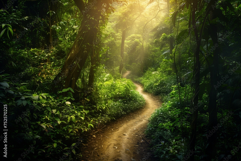 Obraz premium A symbolic, untouched path winding through a lush, vibrant forest, representing the safe passages created by mine clearance efforts on International Day for Mine Awareness